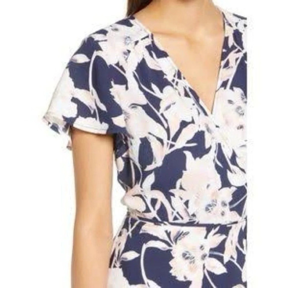 NWT Leith Nordstrom Women’s Small Floral True Wrap Dress Navy Pink Wedding Midi - Picture 2 of 6